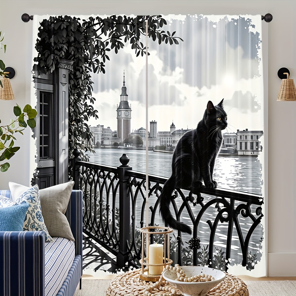 Home Textiles London - ブラックキャットカーテン、ロンドンリバービューのバルコニー窓用ドレープ、ヴィンテージ都市景観ペット装飾、リビングルーム用レトロホームテキスタイル生地