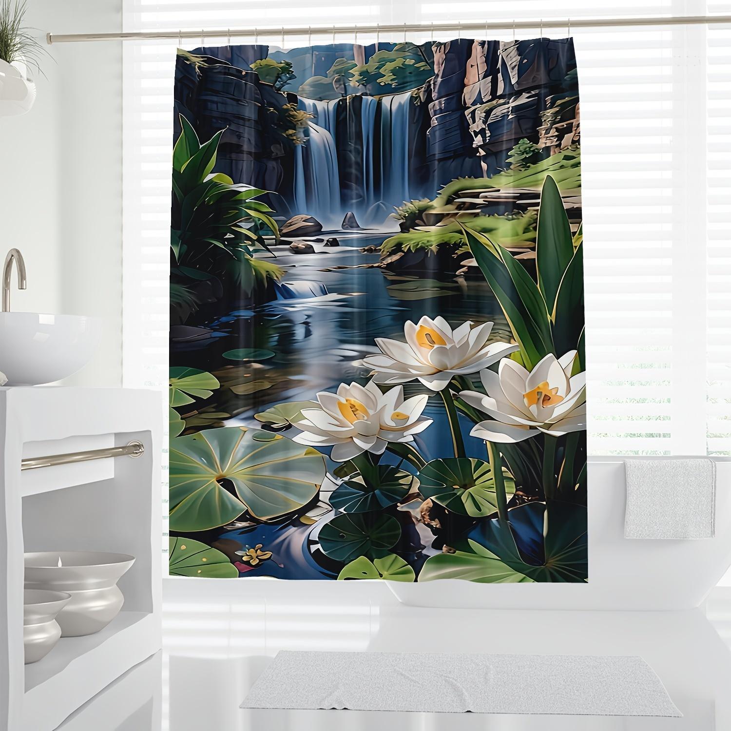 Home Textiles Luxury Curtains - 防水ポリエステルシャワーカーテントロピカル滝蓮自然プリント浴室装飾ジャングルカーテンテキスタイルホーム高級スパ