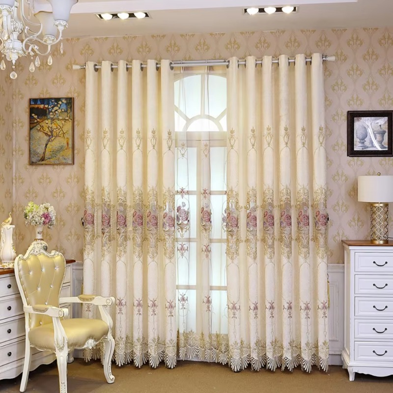 Home Textiles Luxury Curtains - カーテン生地 ベージュカラー 高品質 ホームデコレーション ウィンドウ刺繍カーテン リビングルーム用