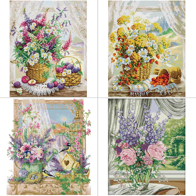 窓枠フラワーバスケット花柄クロスステッチアイーダ 14ct  - Home Textiles Discount のレビューと価格