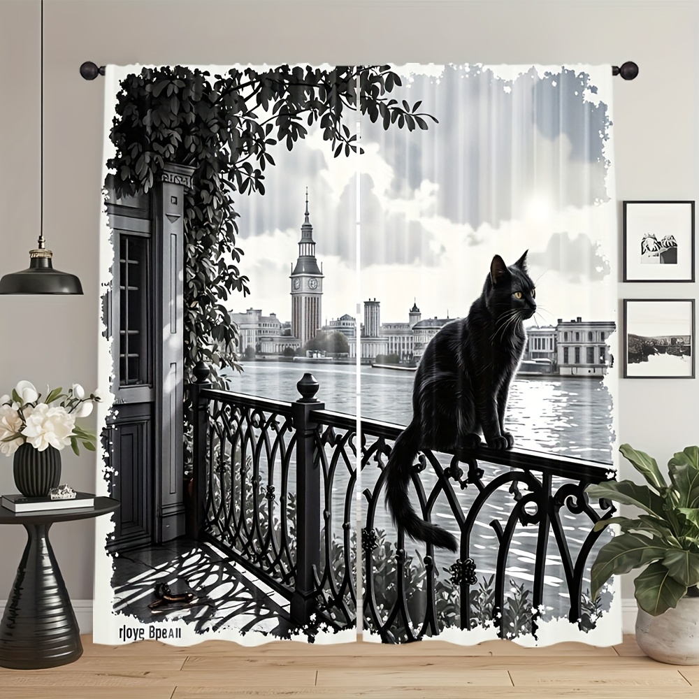 ブラックキャットカーテン、ロンドンリバービューのバルコニー窓 - Home Textiles London のレビューと価格