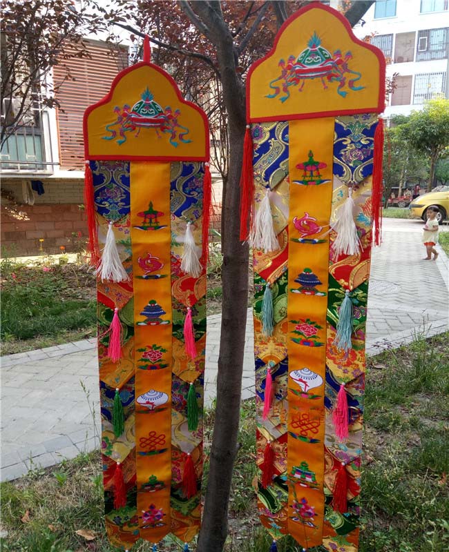仏教用品卸売 2枚組 家庭寺院刺繍 八吉祥紋 壁掛け経旗 祈 - Home Textiles Wholesale のレビューと価格
