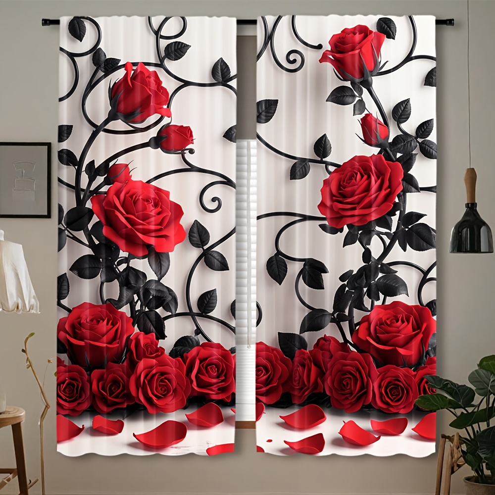高級赤いバラの花柄カーテンドレープ黒ゴシックプリントロマンチ - Home Textiles Luxury Curtains のレビューと価格