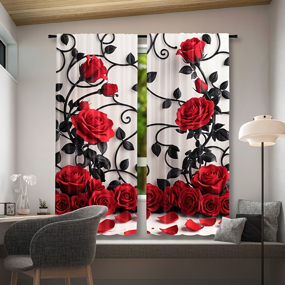 高級赤いバラの花柄カーテンドレープ黒ゴシックプリントロマンチ - Home Textiles Luxury Curtains のレビューと価格