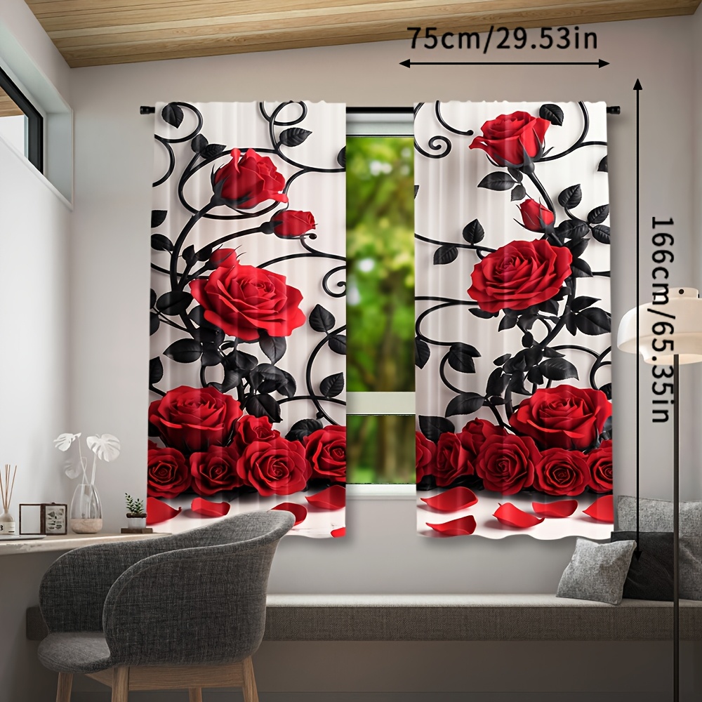 高級赤いバラの花柄カーテンドレープ黒ゴシックプリントロマンチ - Home Textiles Luxury Curtains のレビューと価格