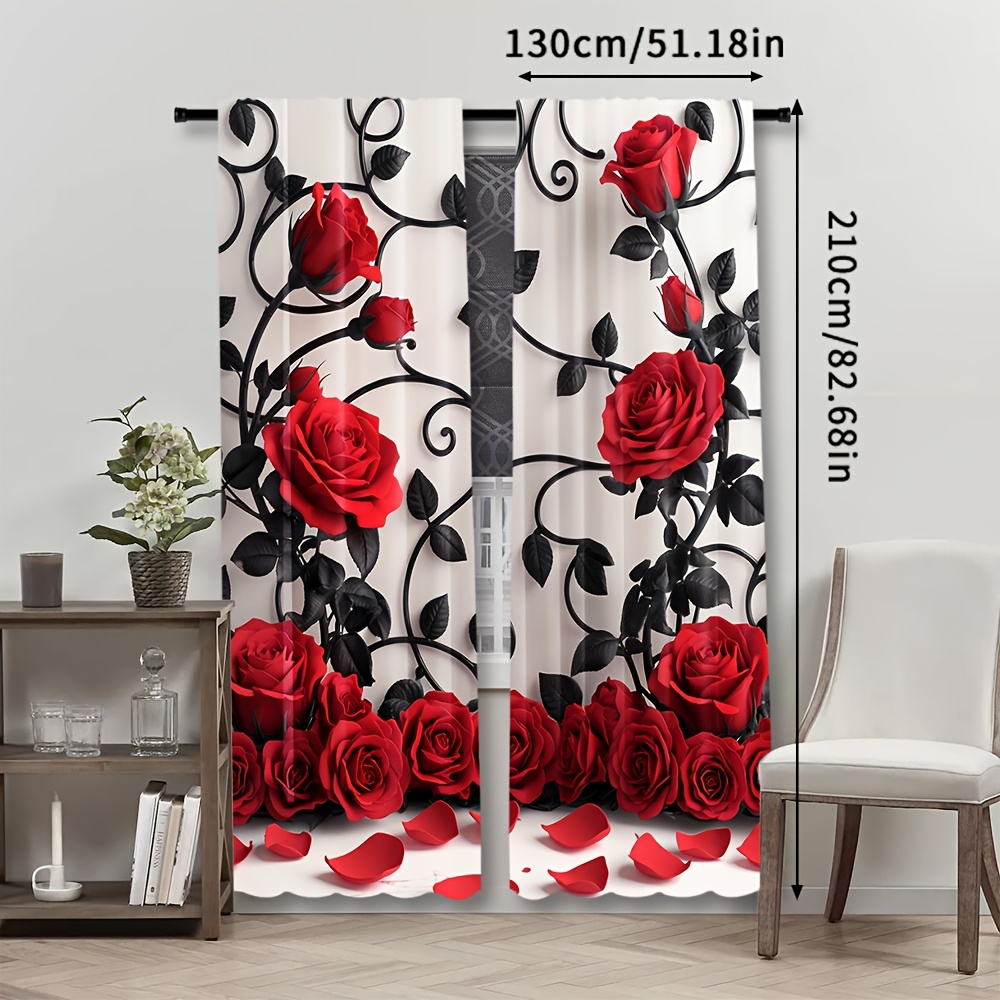 高級赤いバラの花柄カーテンドレープ黒ゴシックプリントロマンチ - Home Textiles Luxury Curtains のレビューと価格