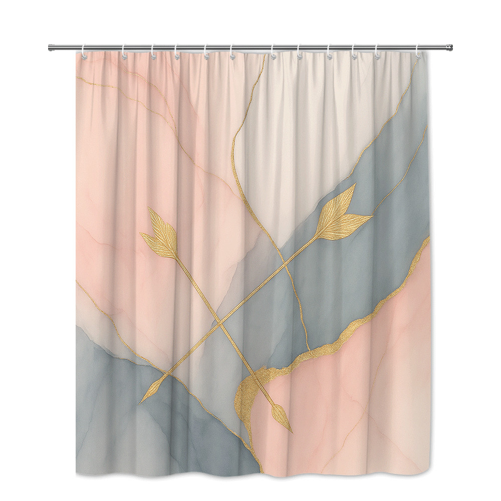 モダンなゴールドの抽象的な葉柄プリントのシャワーカーテン、防 - Home Textiles Luxury Curtains のレビューと価格